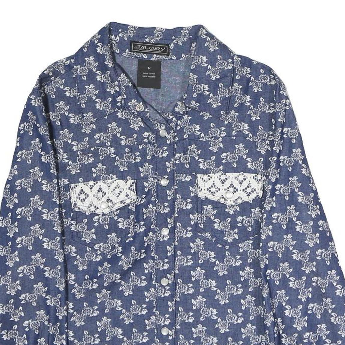 Womens Blue Floral Cotton Blend Shirt S Lace Pocket Detail Casual Elegant