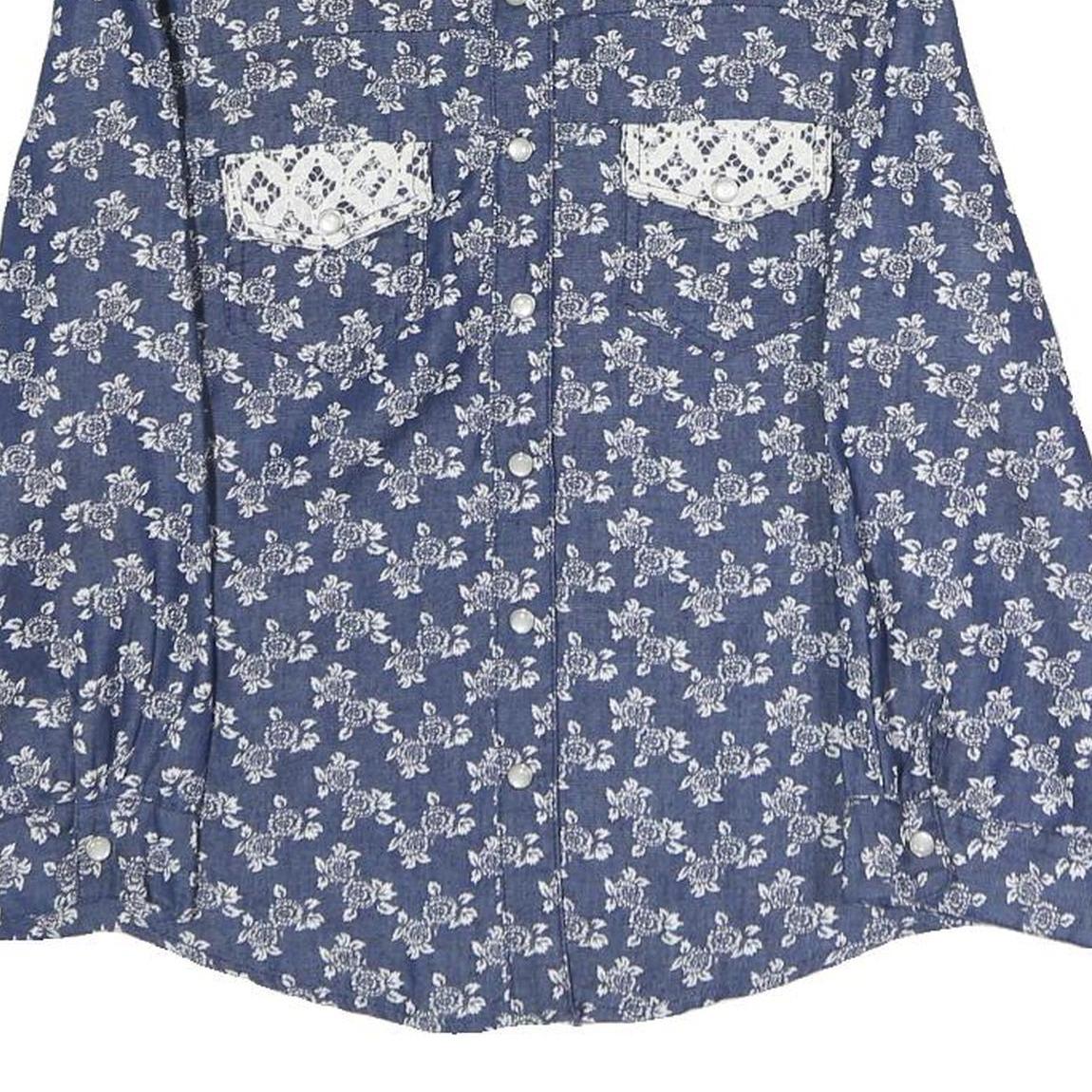 Womens Blue Floral Cotton Blend Shirt S Lace Pocket Detail Casual Elegant