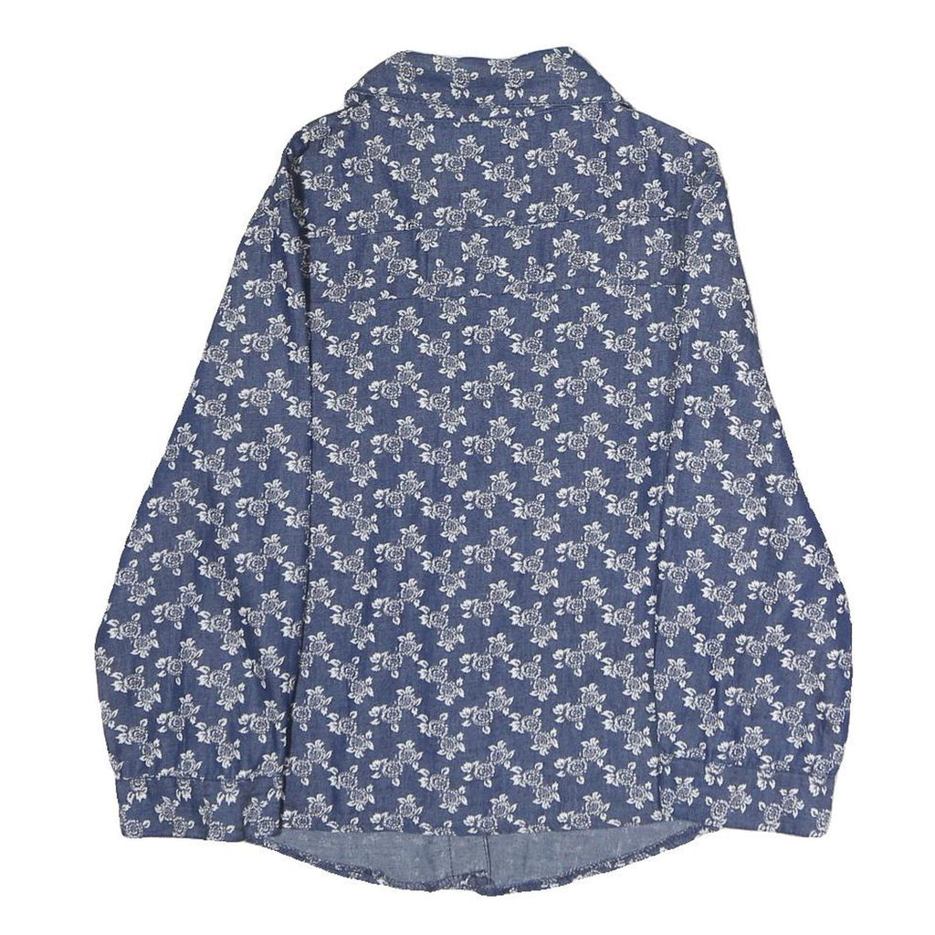 Womens Blue Floral Cotton Blend Shirt S Lace Pocket Detail Casual Elegant