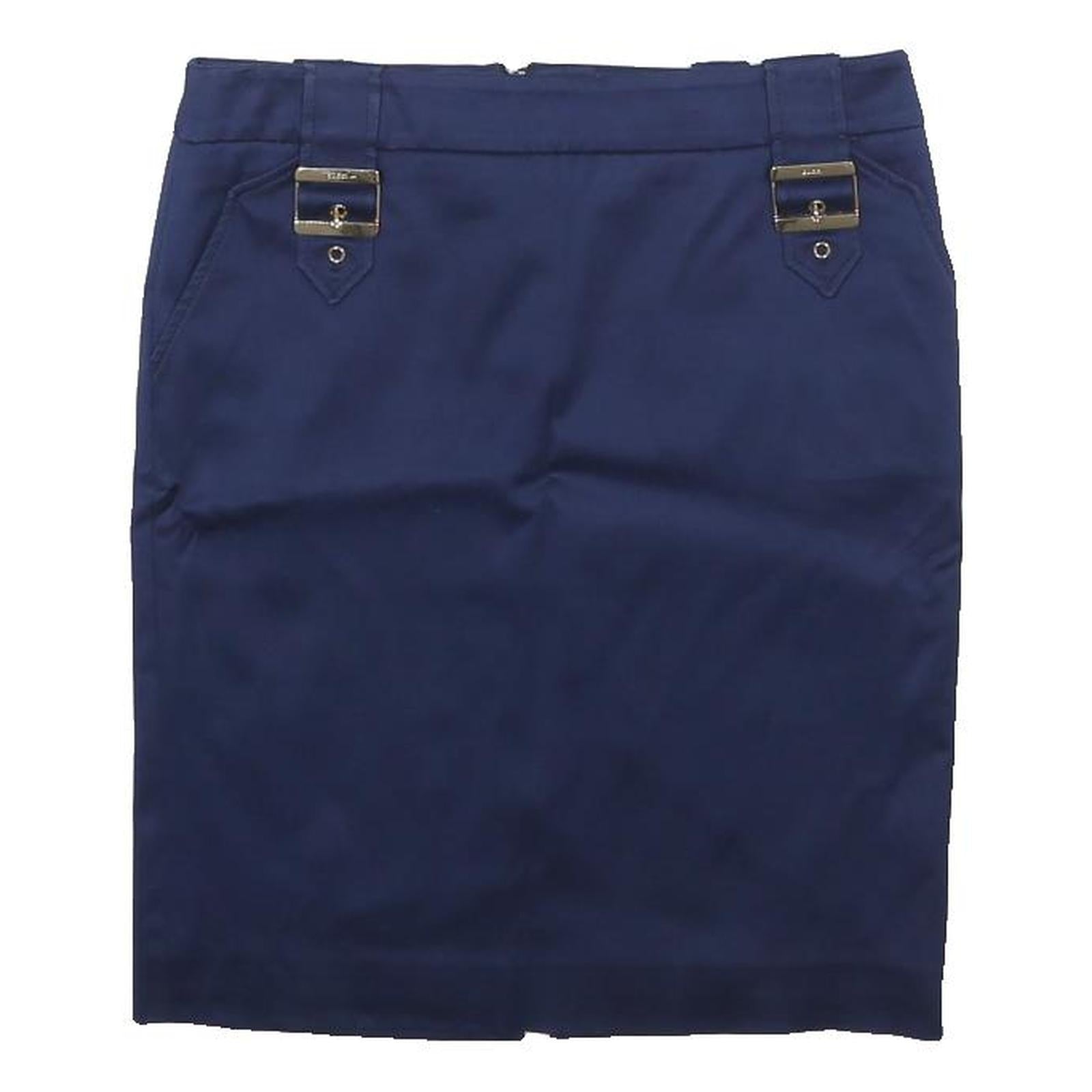 GUCCI Womens Blue Mini Cotton Blend Pencil Skirt Size M Buckle Detail Elegant