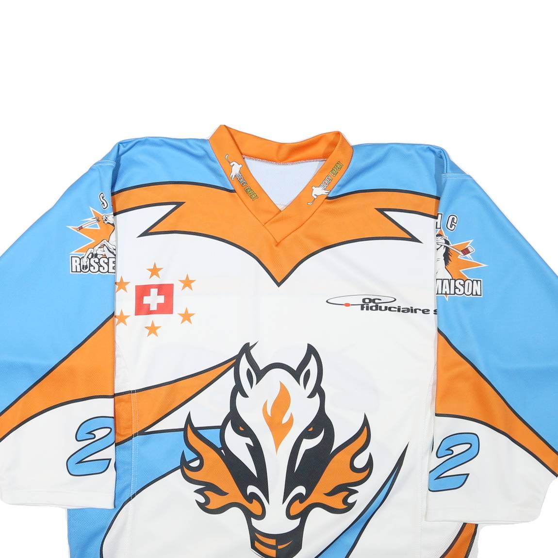 Mens Blue & Orange Graphic T-Shirt 2XL Long Sleeve V-Neck Sport Jersey
