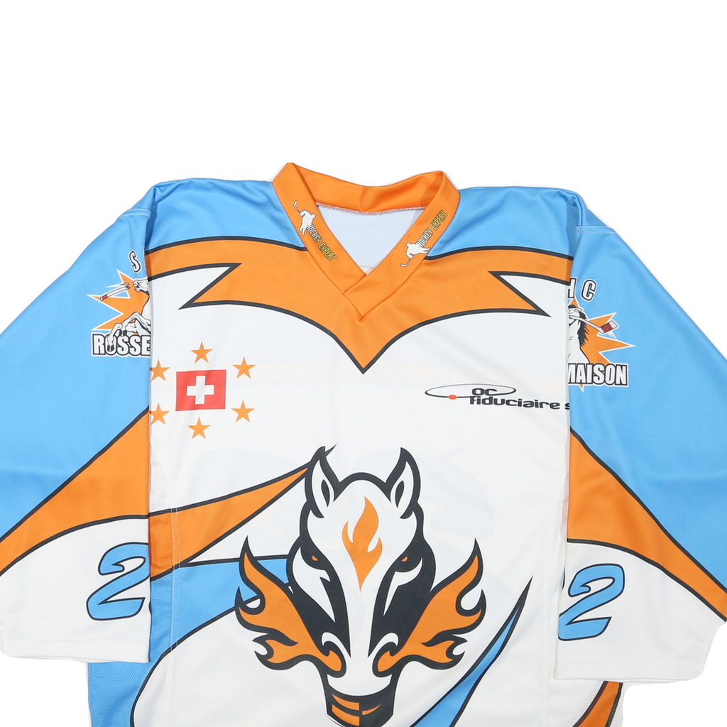 Mens Blue & Orange Graphic T-Shirt 2XL Long Sleeve V-Neck Sport Jersey