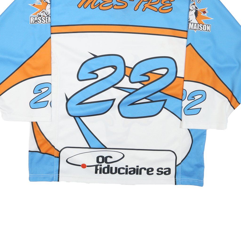 Mens Blue & Orange Graphic T-Shirt 2XL Long Sleeve V-Neck Sport Jersey