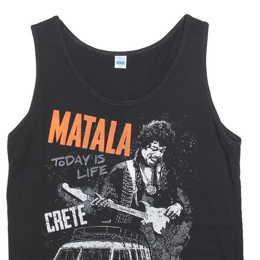 Mens Black Cotton Blend Graphic Vest M Sleeveless Round Neck Matala Crete