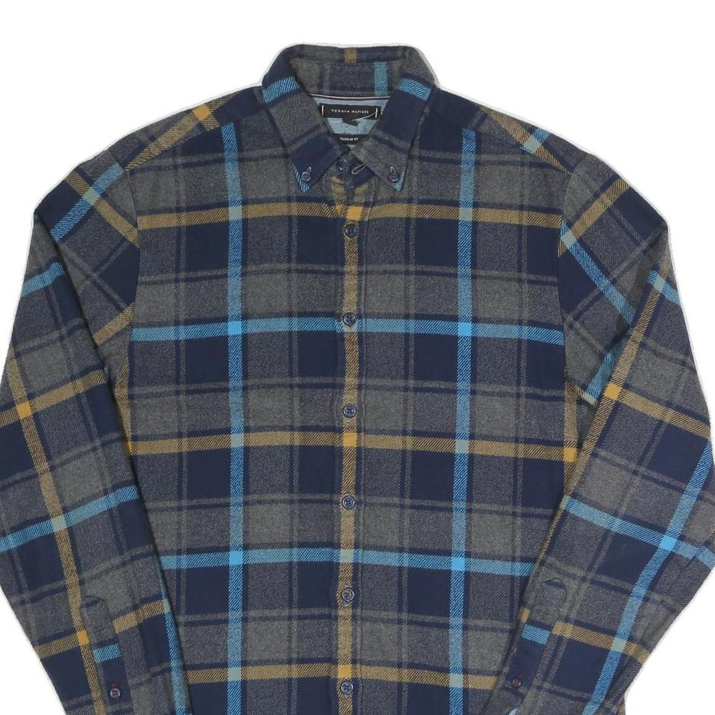 TOMMY HILFIGER Mens Blue & Grey Checked Flannel Shirt S Button Down Long Sleeve