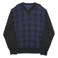 TOMMY HILFIGER Mens Black & Blue Patterned V-Neck Jumper Cable Knit XL Cotton