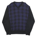 TOMMY HILFIGER Mens Black & Blue Patterned V-Neck Jumper Cable Knit XL Cotton