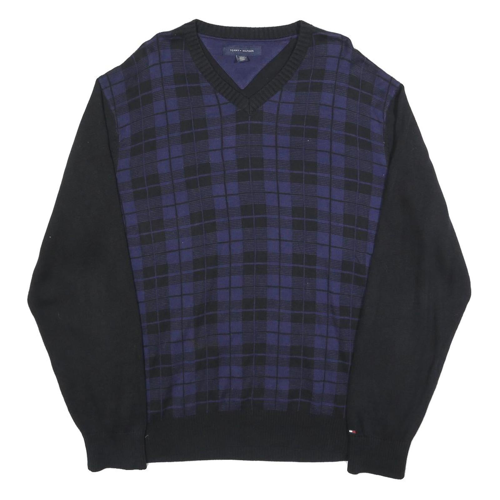 TOMMY HILFIGER Mens Black & Blue Patterned V-Neck Jumper Cable Knit XL Cotton