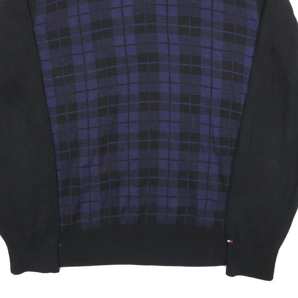 TOMMY HILFIGER Mens Black & Blue Patterned V-Neck Jumper Cable Knit XL Cotton