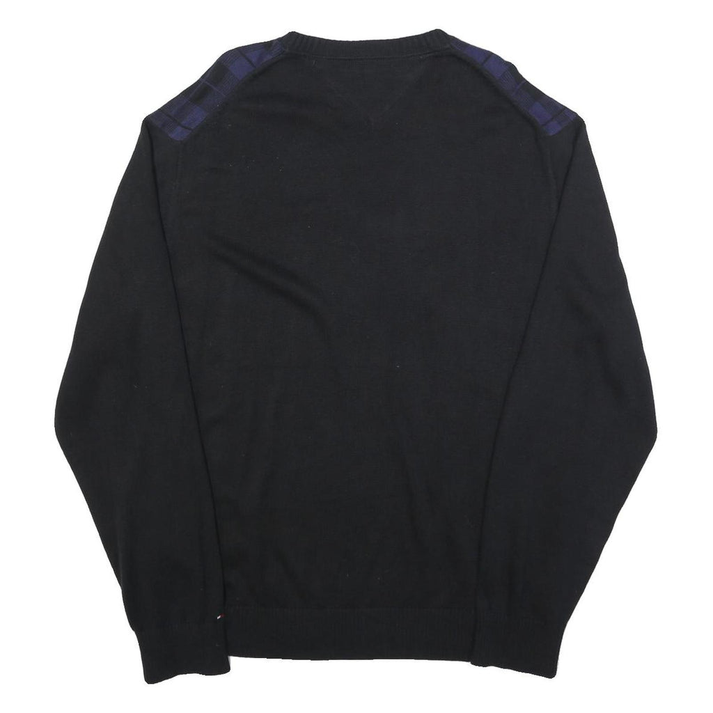 TOMMY HILFIGER Mens Black & Blue Patterned V-Neck Jumper Cable Knit XL Cotton