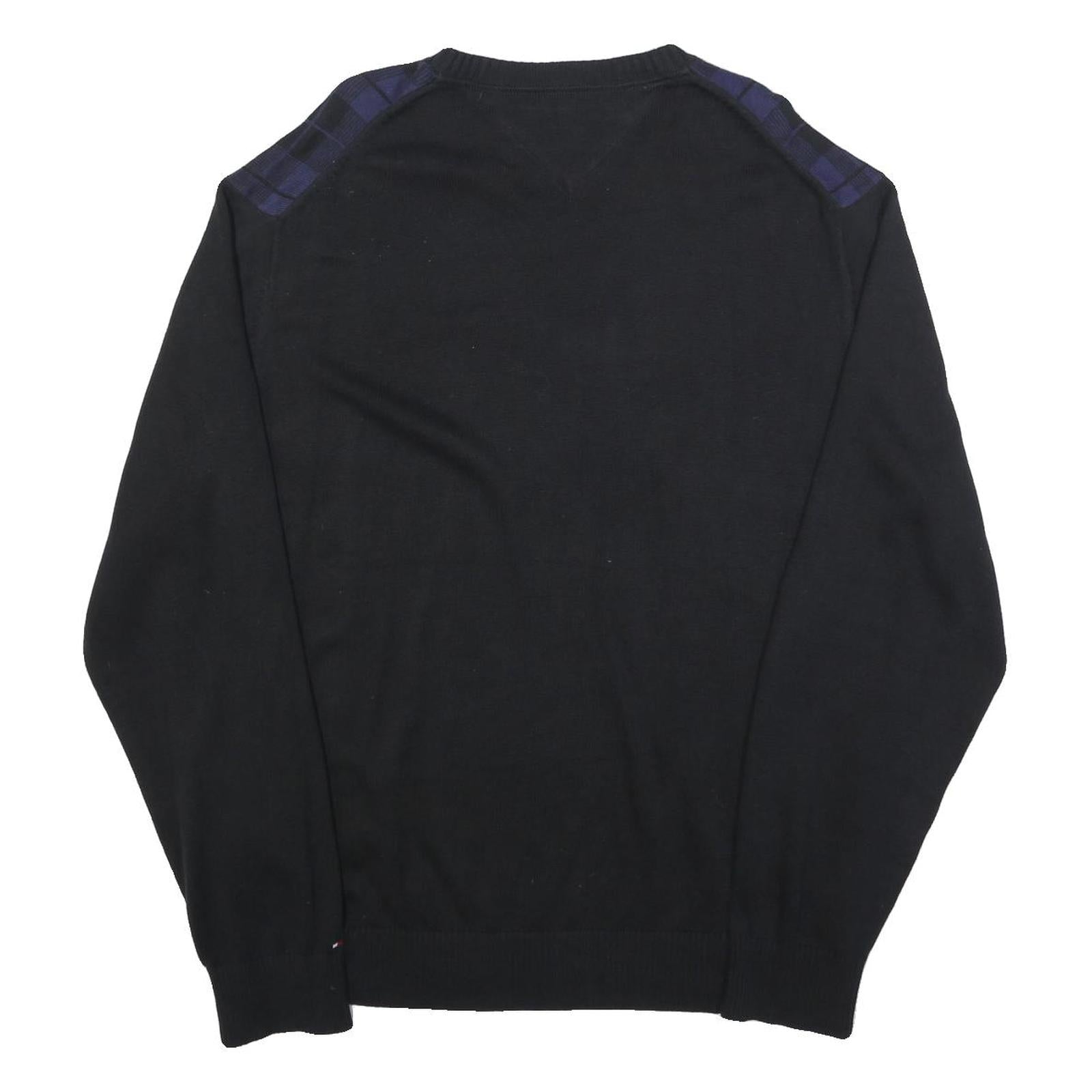 TOMMY HILFIGER Mens Black & Blue Patterned V-Neck Jumper Cable Knit XL Cotton