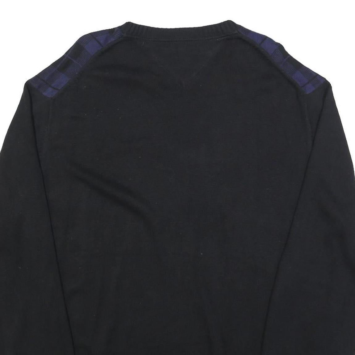 TOMMY HILFIGER Mens Black & Blue Patterned V-Neck Jumper Cable Knit XL Cotton