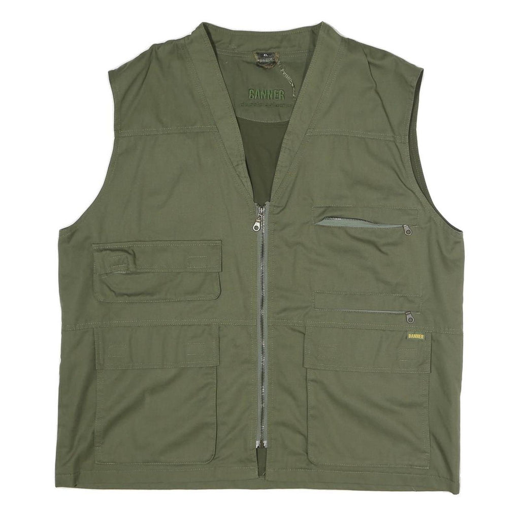 BANNER Mens Green Utility Vest Jacket XL Polyester Blend Plain Zip Pockets