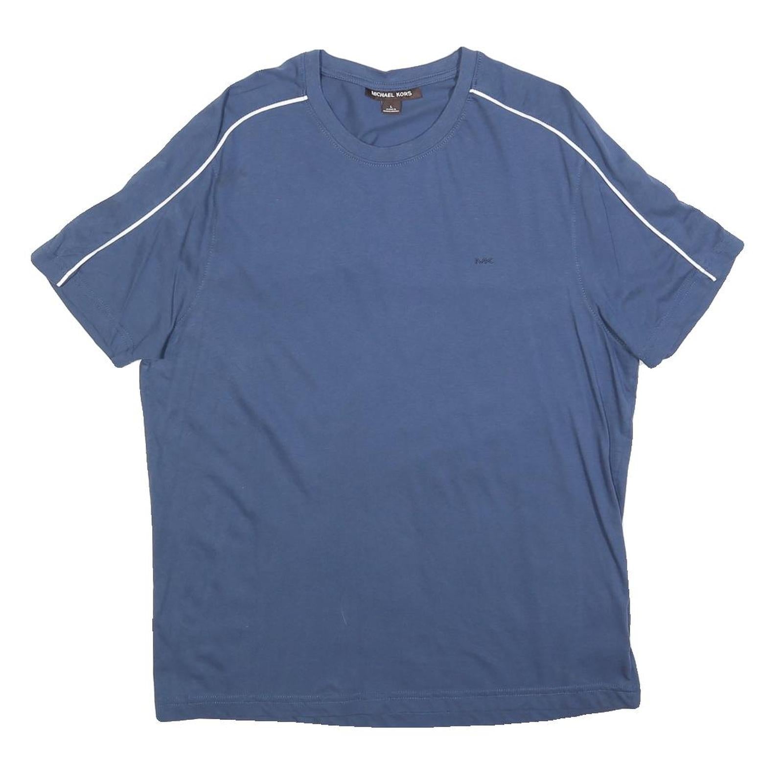 MICHAEL KORS Mens Blue & White Modern T-Shirt L Short Sleeve Crew Neck Piping