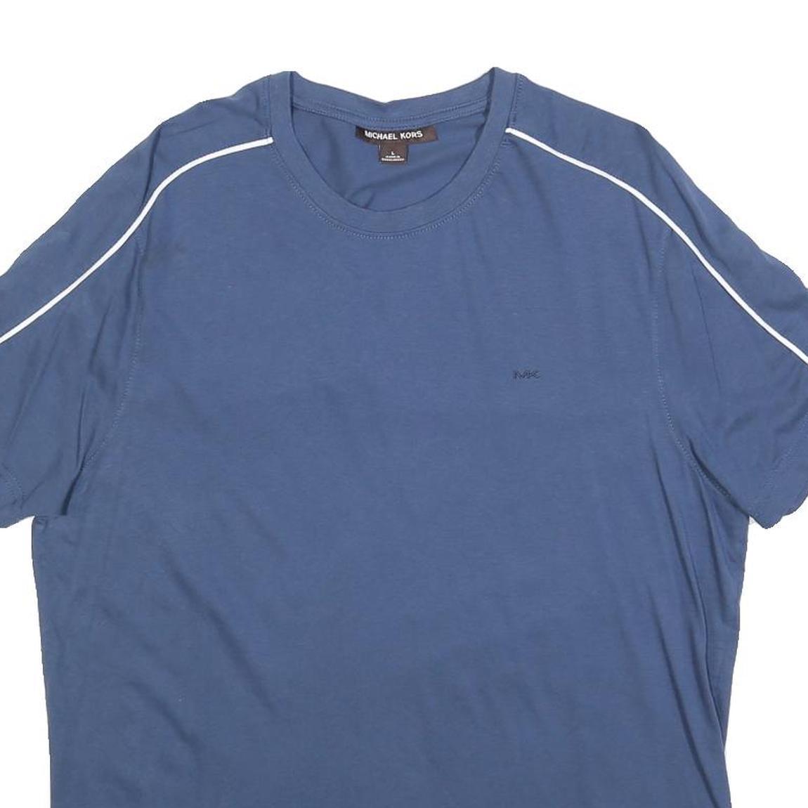 MICHAEL KORS Mens Blue & White Modern T-Shirt L Short Sleeve Crew Neck Piping