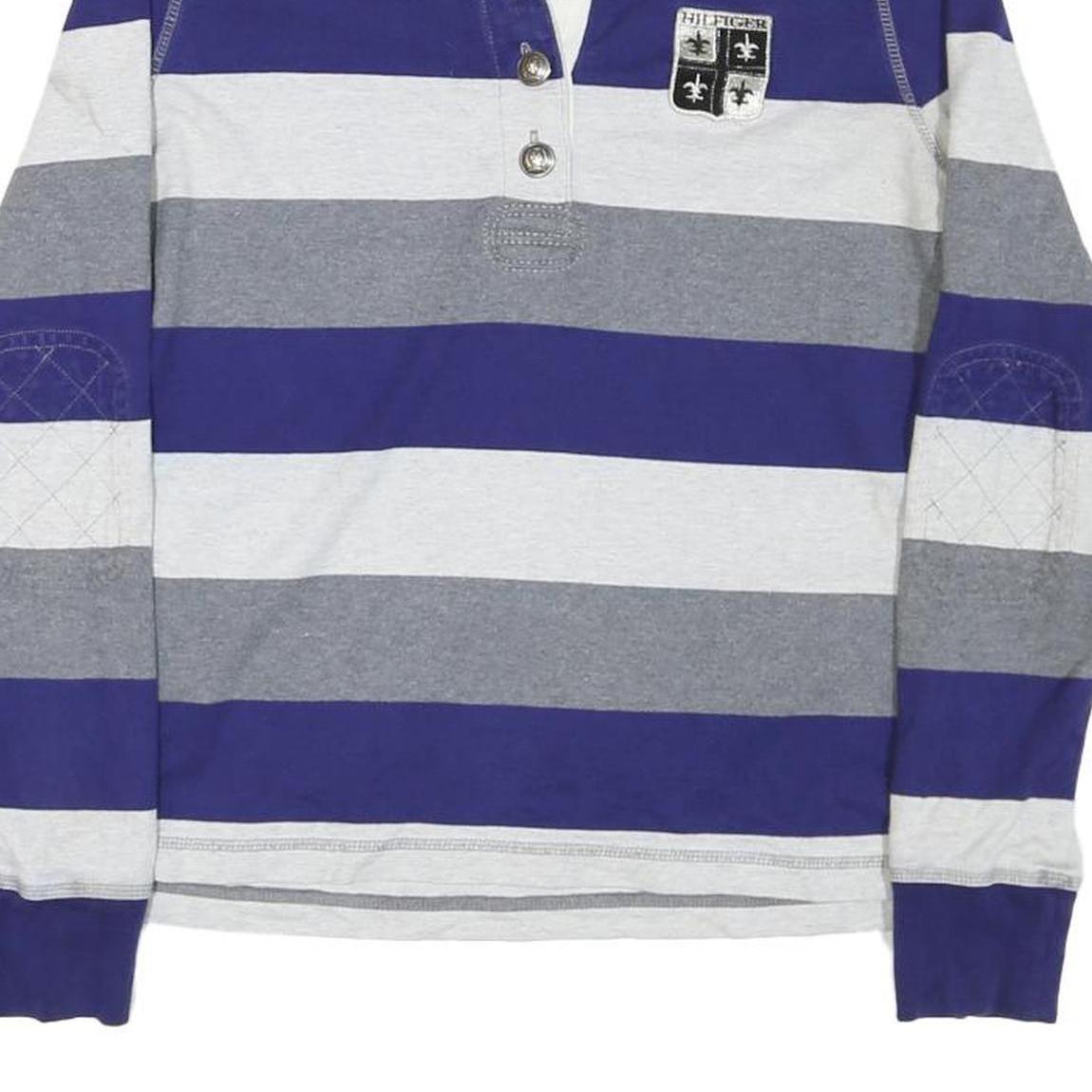 TOMMY HILFIGER Womens Blue Grey & White Striped Long Sleeve Polo Shirt M Cotton