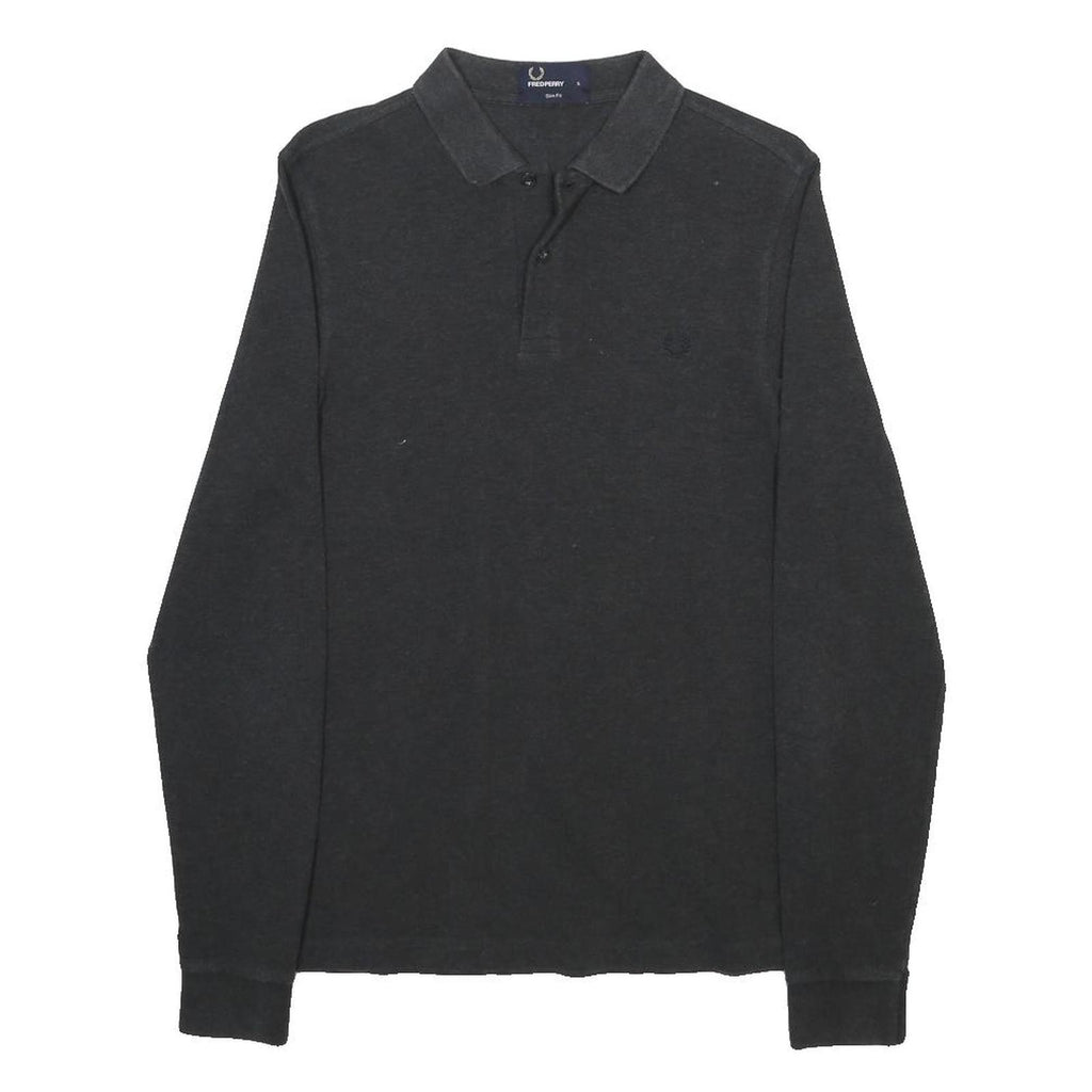 FRED PERRY Mens Black Long Sleeve Plain S Polo Shirt Cotton Blend Casual