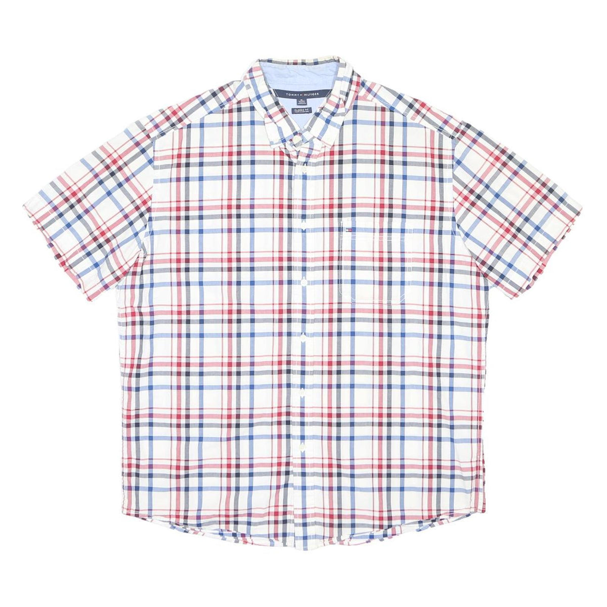 TOMMY HILFIGER Mens White Blue & Red Checked Shirt XL Classic Fit Button-Down
