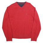 TOMMY HILFIGER Mens Red Plain Jumper V-Neck Basic Knit XL Classic Cotton
