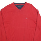 TOMMY HILFIGER Mens Red Plain Jumper V-Neck Basic Knit XL Classic Cotton