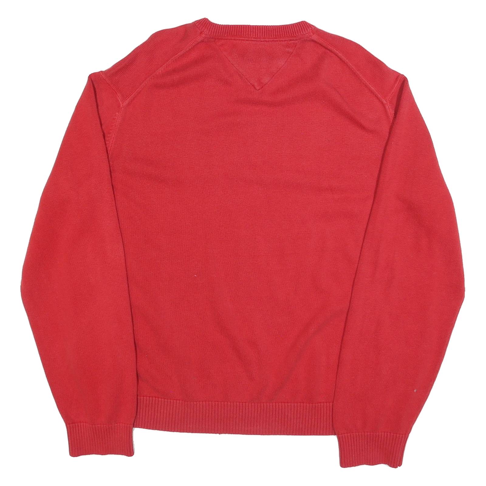 TOMMY HILFIGER Mens Red Plain Jumper V-Neck Basic Knit XL Classic Cotton