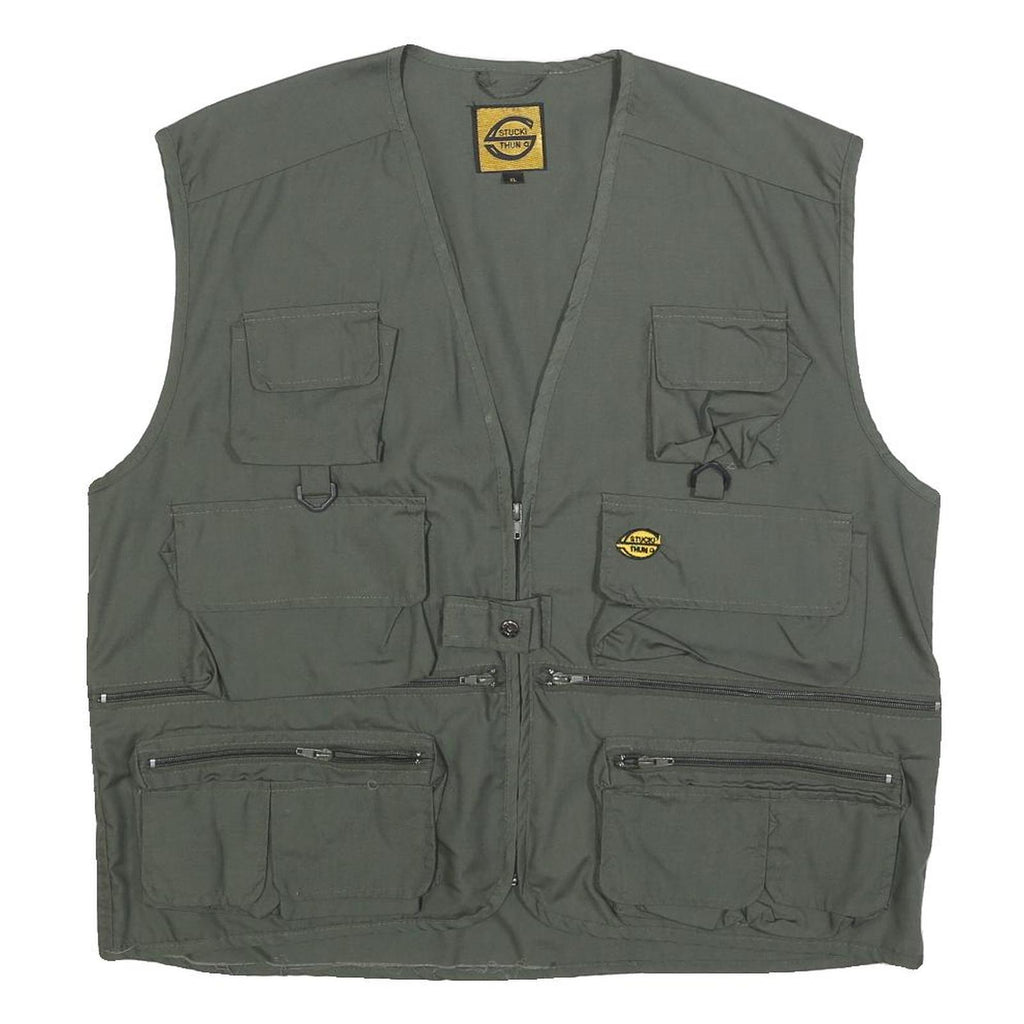 STUCKI THUN Mens Green Utility Vest XL Polyester Zip Plain Functional Pockets