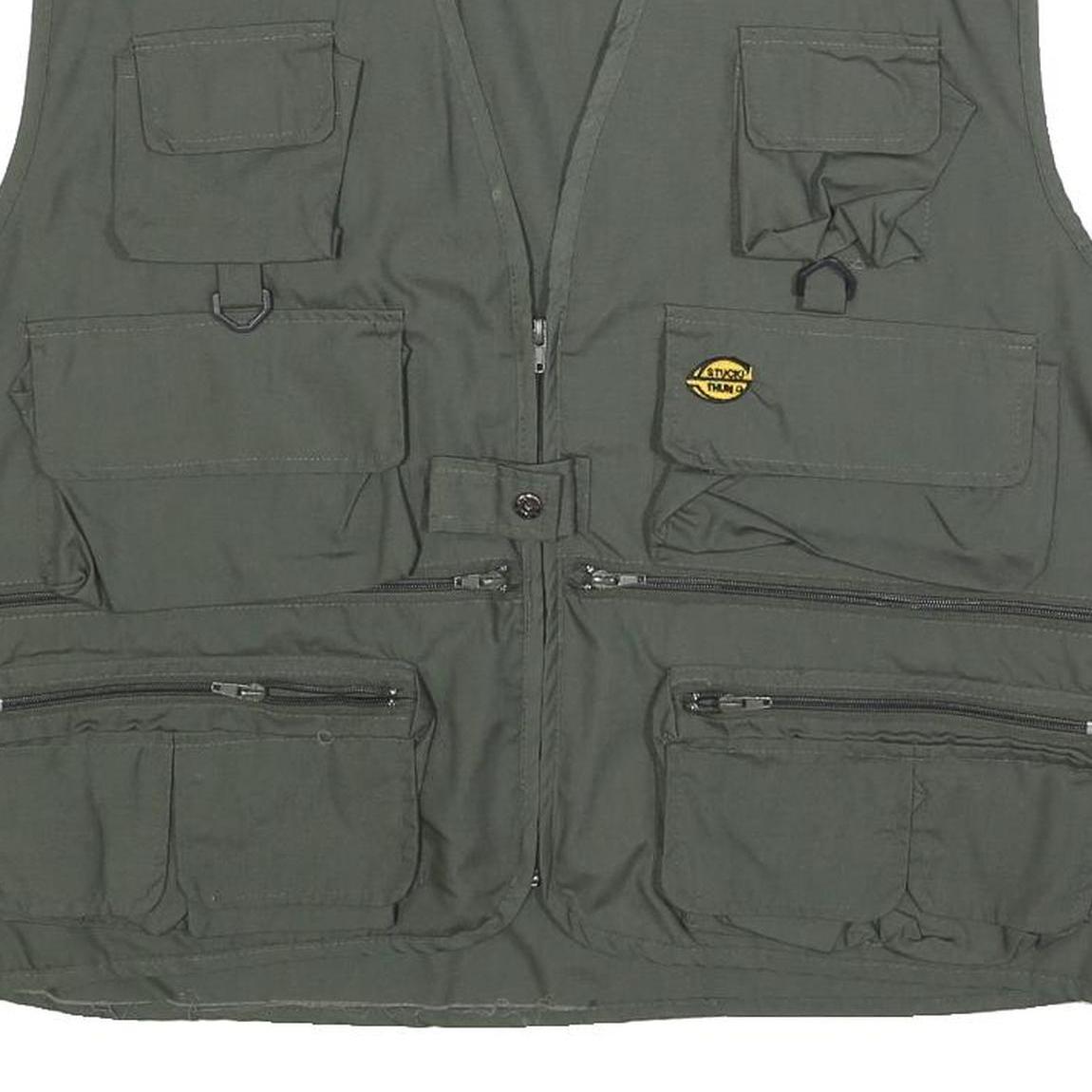 STUCKI THUN Mens Green Utility Vest XL Polyester Zip Plain Functional Pockets