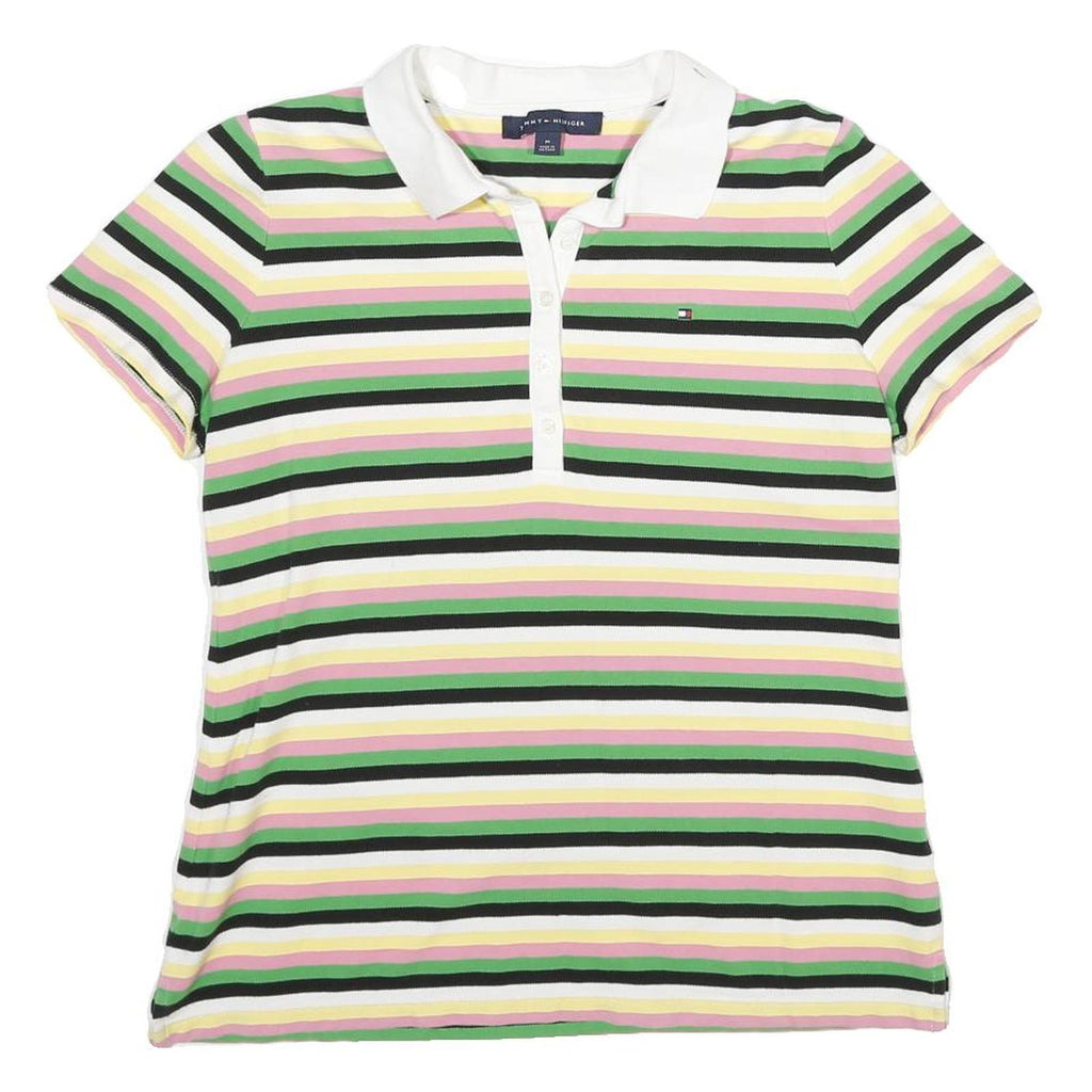 TOMMY HILFIGER Womens White & Green Striped Short Sleeve Polo Shirt M Cotton