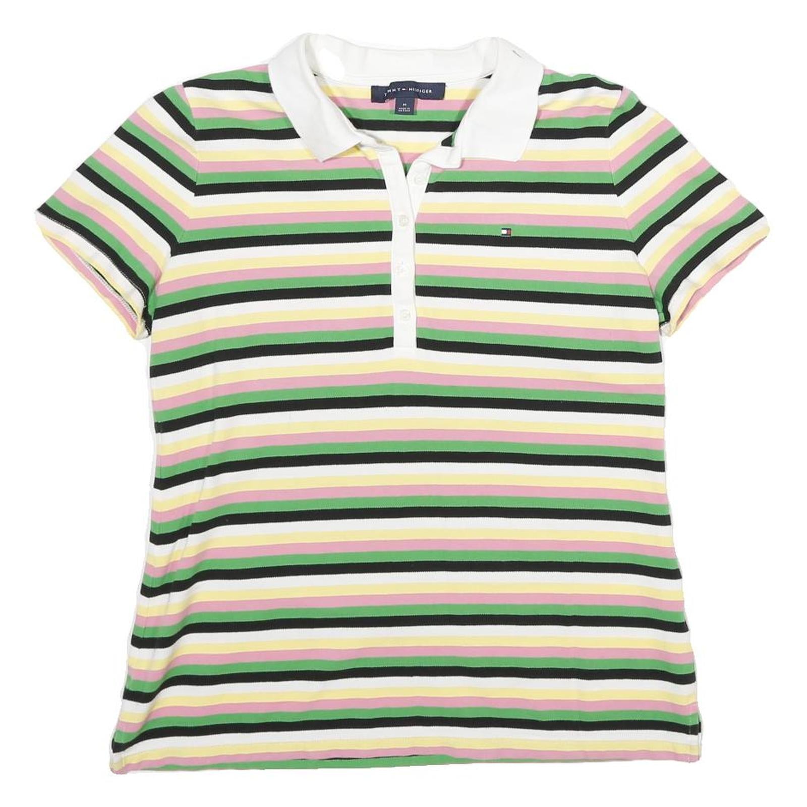 TOMMY HILFIGER Womens White & Green Striped Short Sleeve Polo Shirt M Cotton