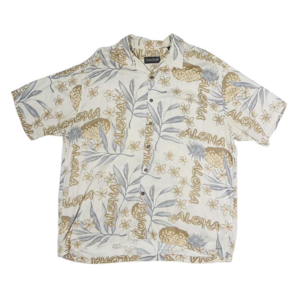 OCEAN PACIFIC Mens Cream & Beige Hawaiian Shirt M Cotton Tropical Summer