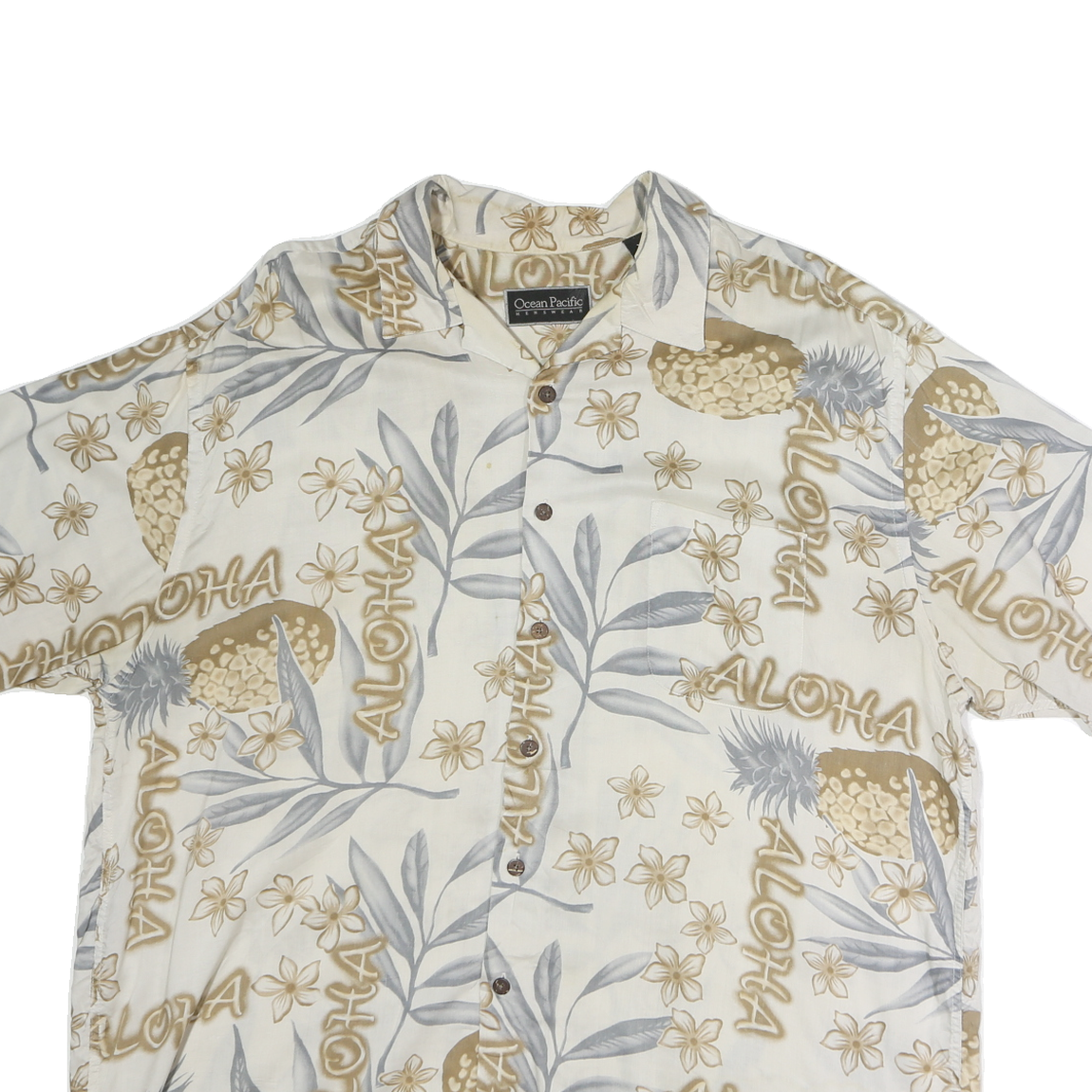 OCEAN PACIFIC Mens Cream & Beige Hawaiian Shirt M Cotton Tropical Summer
