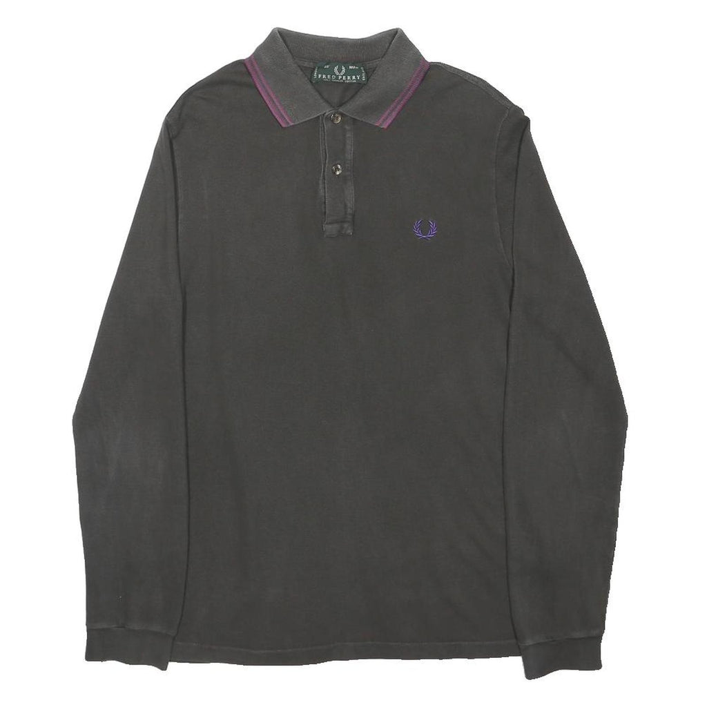 FRED PERRY Mens Black & Purple Long Sleeve Plain M Polo Shirt Classic Cotton
