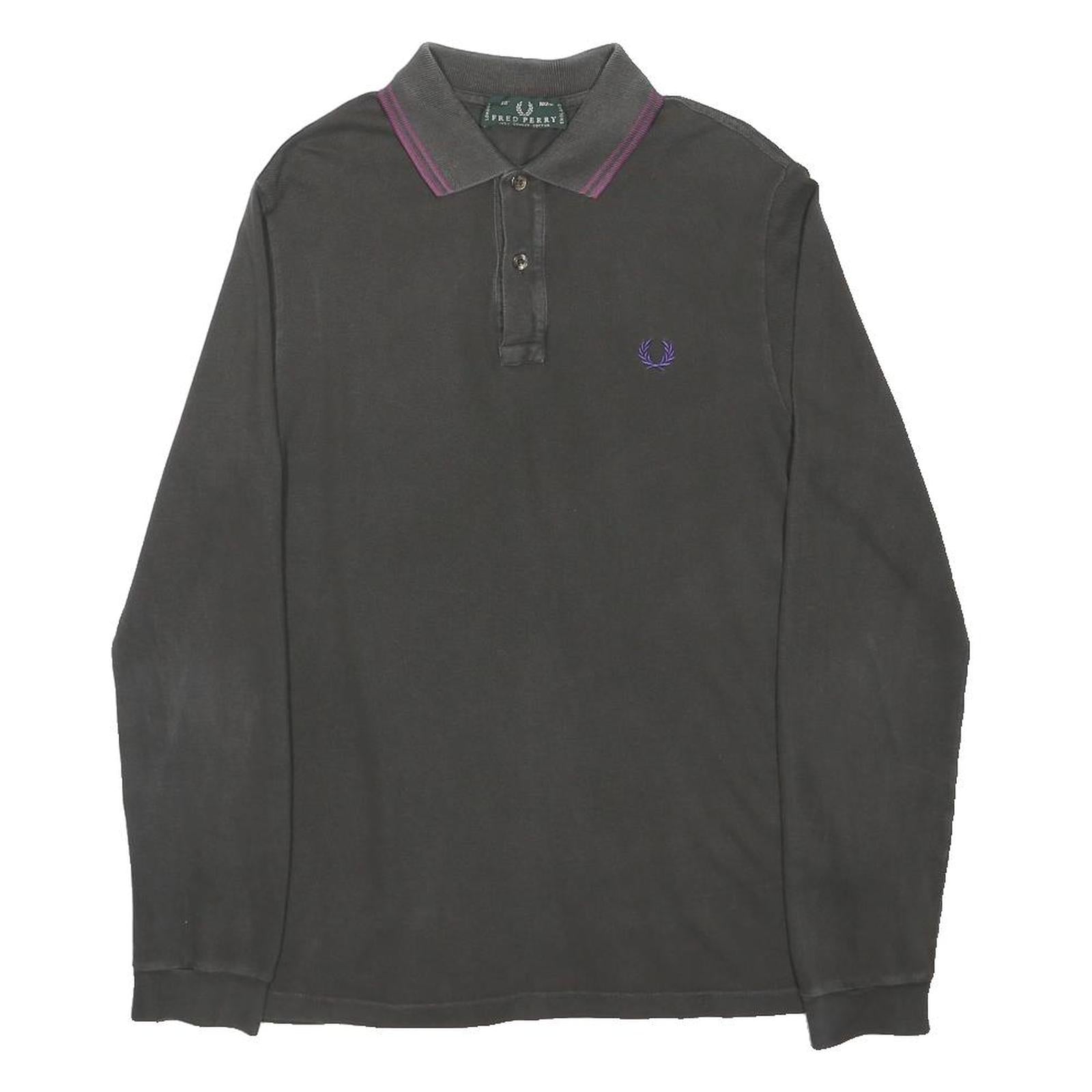 FRED PERRY Mens Black & Purple Long Sleeve Plain M Polo Shirt Classic Cotton