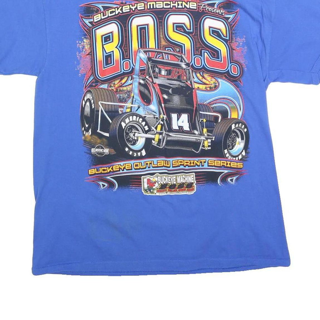 GILDAN Mens Blue B.O.S.S. Graphic T-Shirt L Short Sleeve Crew Neck Racing Print