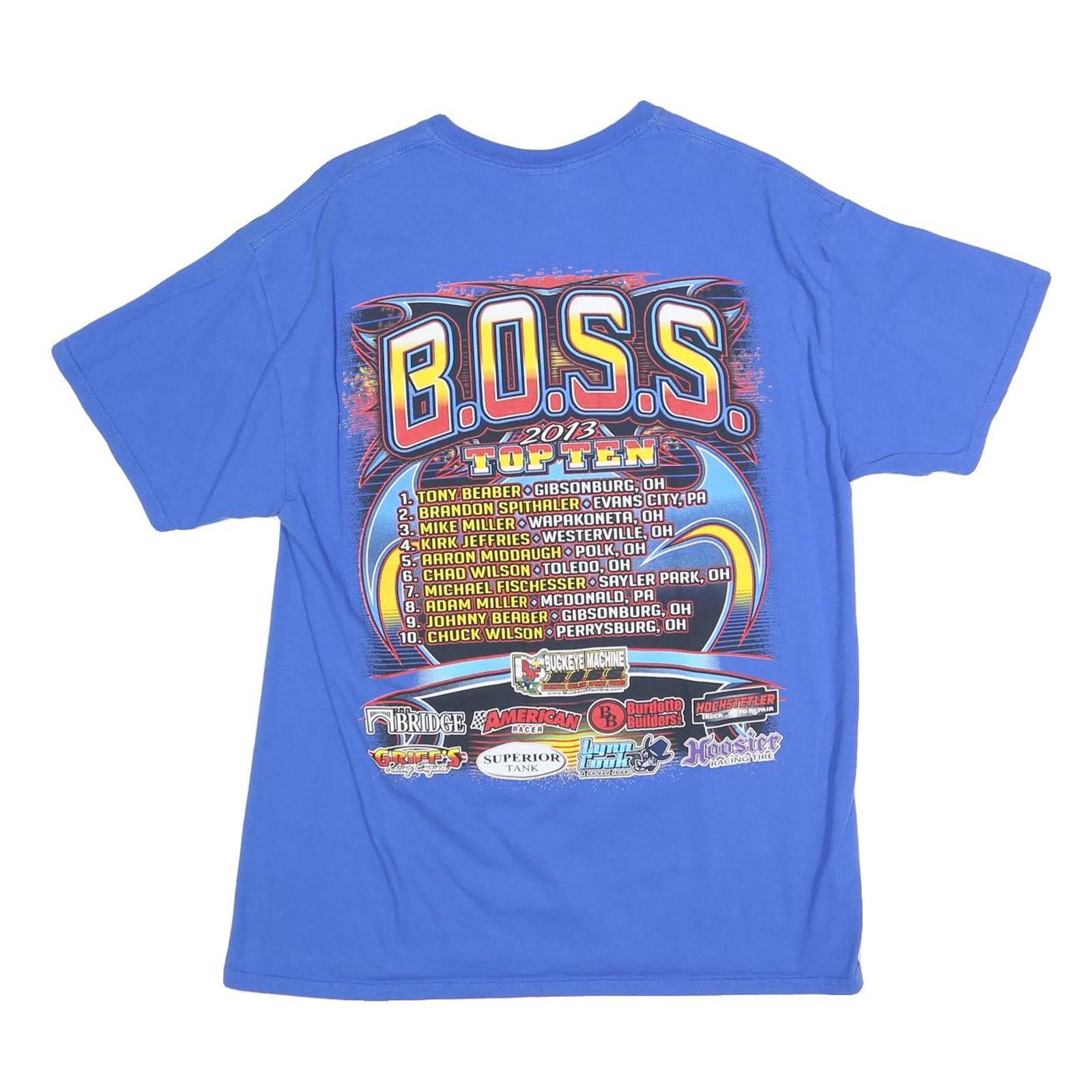 GILDAN Mens Blue B.O.S.S. Graphic T-Shirt L Short Sleeve Crew Neck Racing Print