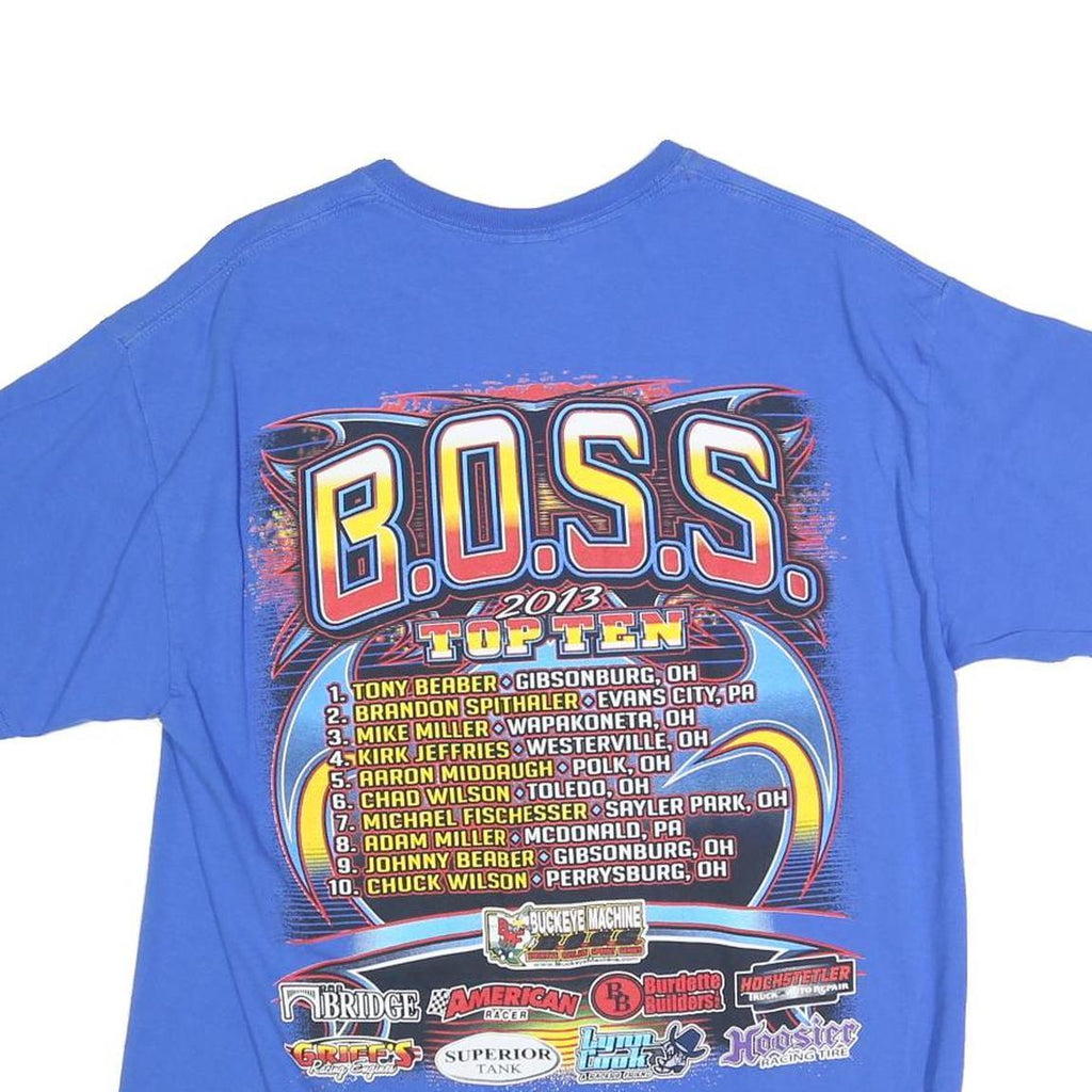 GILDAN Mens Blue B.O.S.S. Graphic T-Shirt L Short Sleeve Crew Neck Racing Print