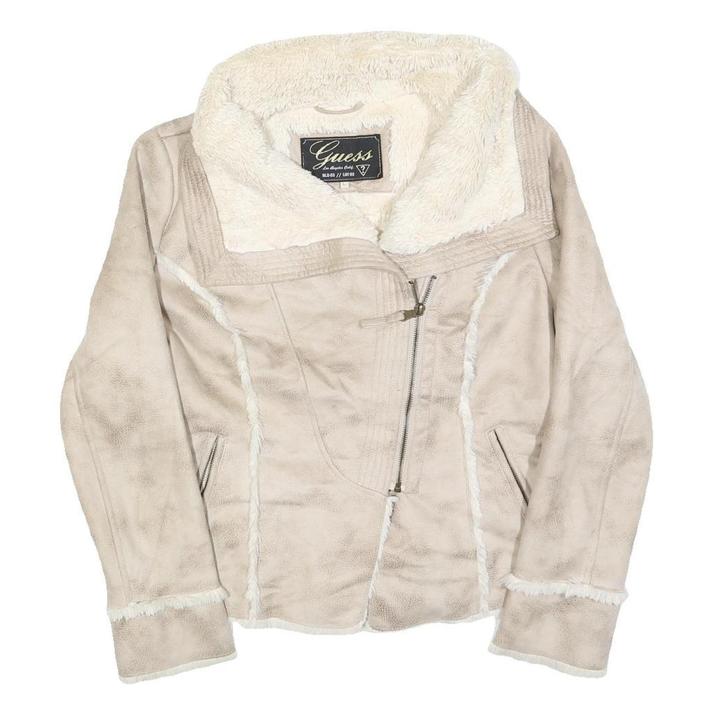 GUESS Womens Beige Faux Suede Jacket L Polyester Zip Fastening Stylish Warm
