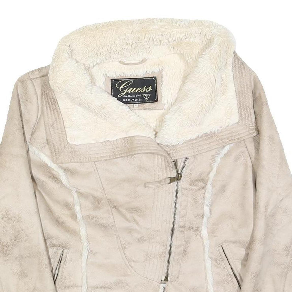GUESS Womens Beige Faux Suede Jacket L Polyester Zip Fastening Stylish Warm