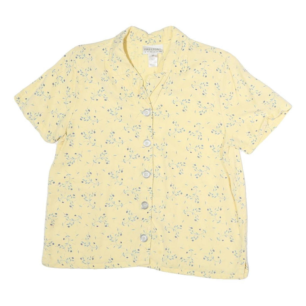 FREEPORT Womens Yellow Floral Button Short Sleeve Shirt M Lightweight Summer Top