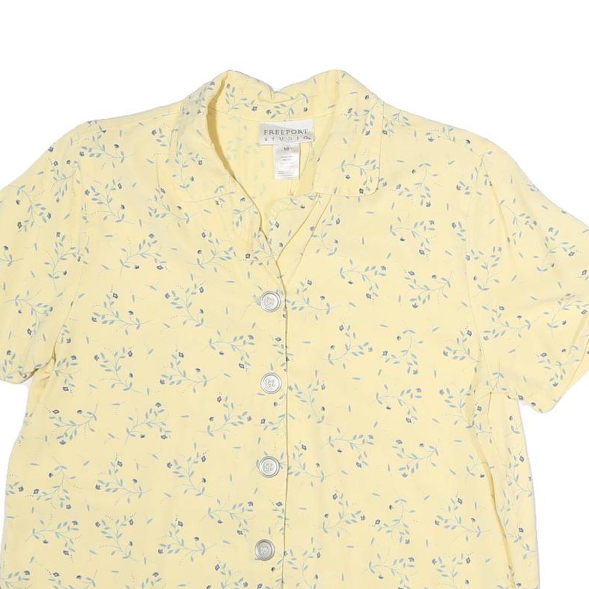 FREEPORT Womens Yellow Floral Button Short Sleeve Shirt M Lightweight Summer Top