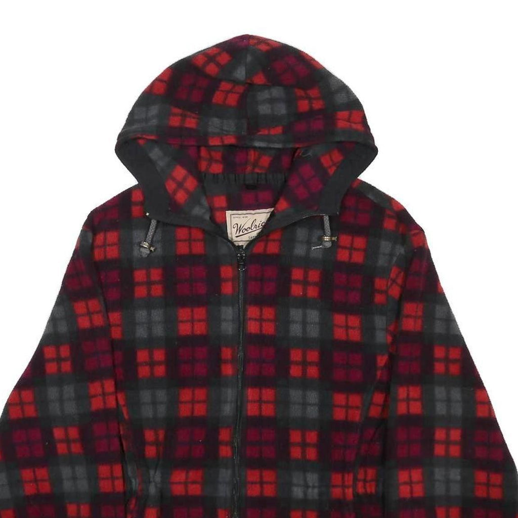 WOOLRICH Womens Red & Grey Check Fleece Hooded Zip Jacket L Casual Outdoor