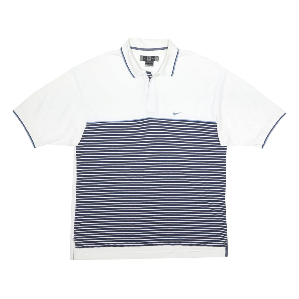 NIKE Mens White & Navy Blue Striped Short Sleeve Polo Shirt L Lightweight Casual