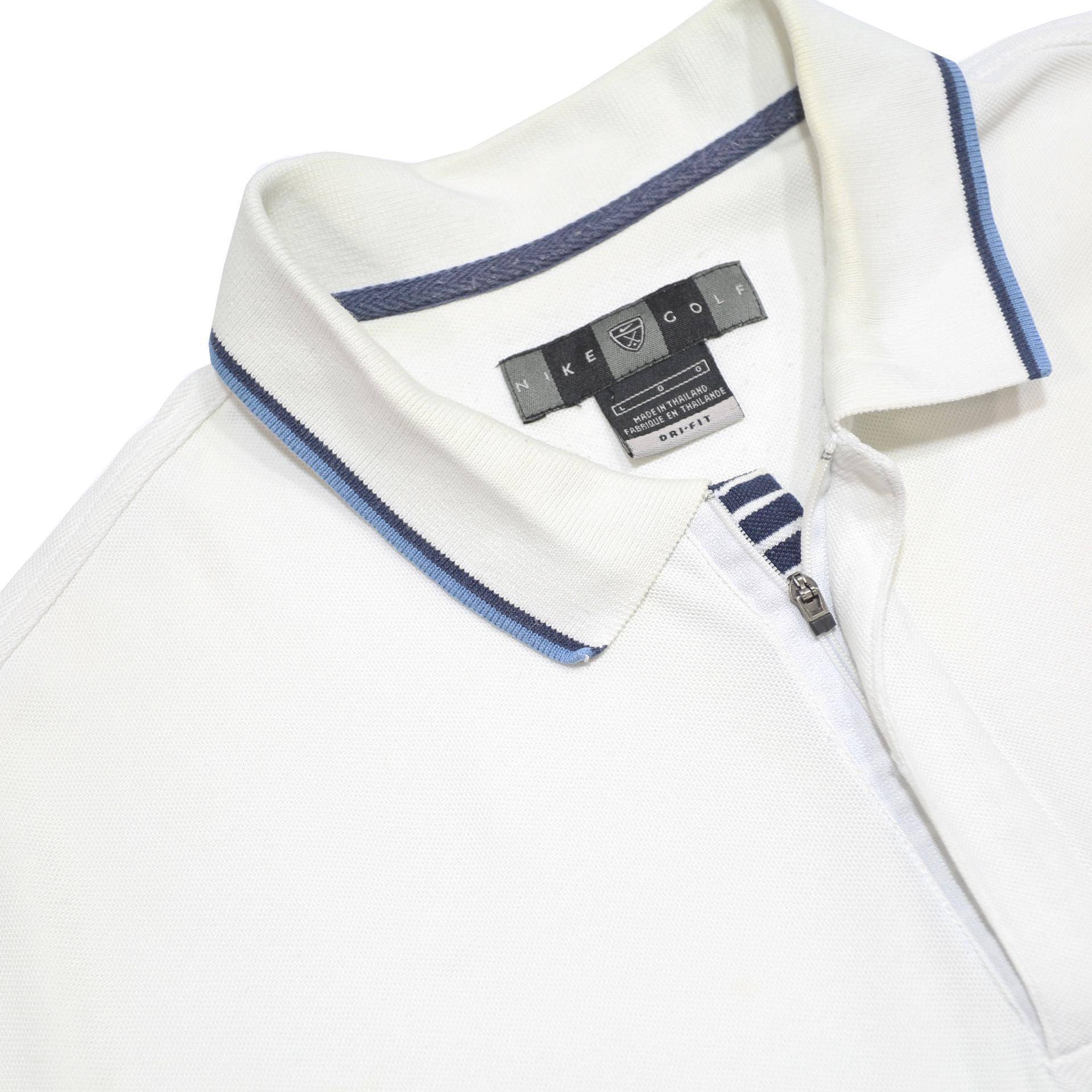 NIKE Mens White & Navy Blue Striped Short Sleeve Polo Shirt L Lightweight Casual