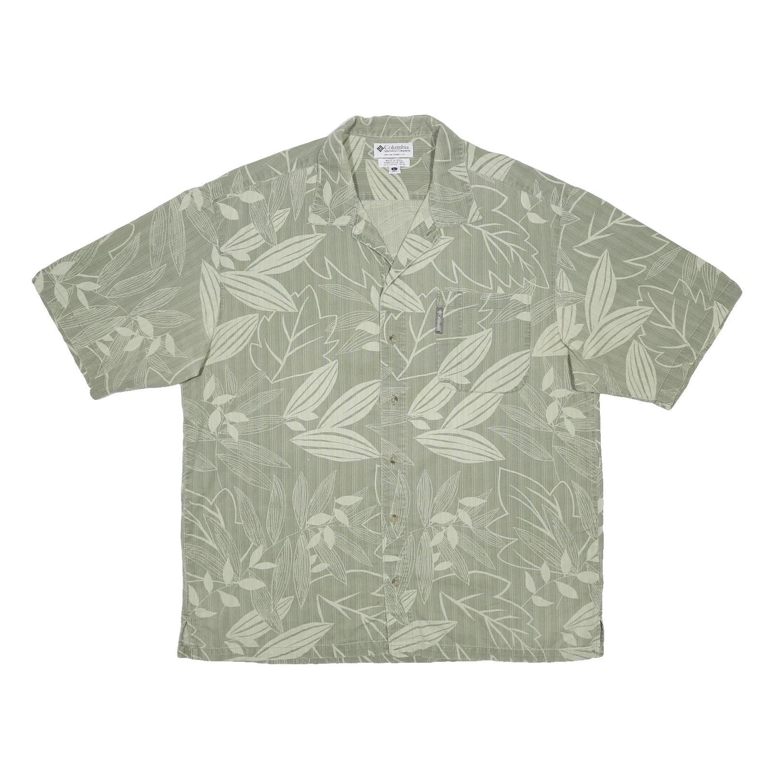 COLUMBIA Mens Green & Cream Cotton Casual Shirt L Leaf Pattern Summer Style