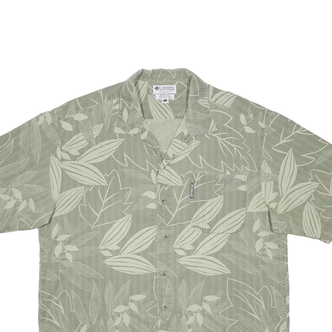 COLUMBIA Mens Green & Cream Cotton Casual Shirt L Leaf Pattern Summer Style