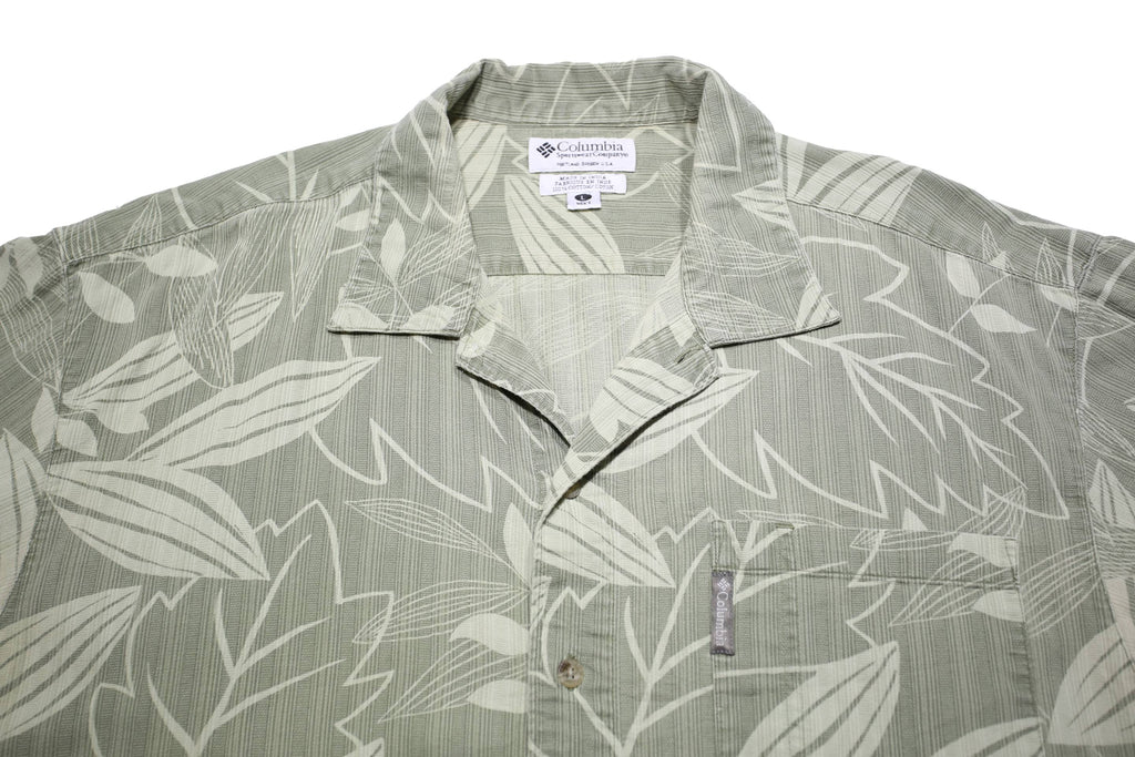 COLUMBIA Mens Green & Cream Cotton Casual Shirt L Leaf Pattern Summer Style