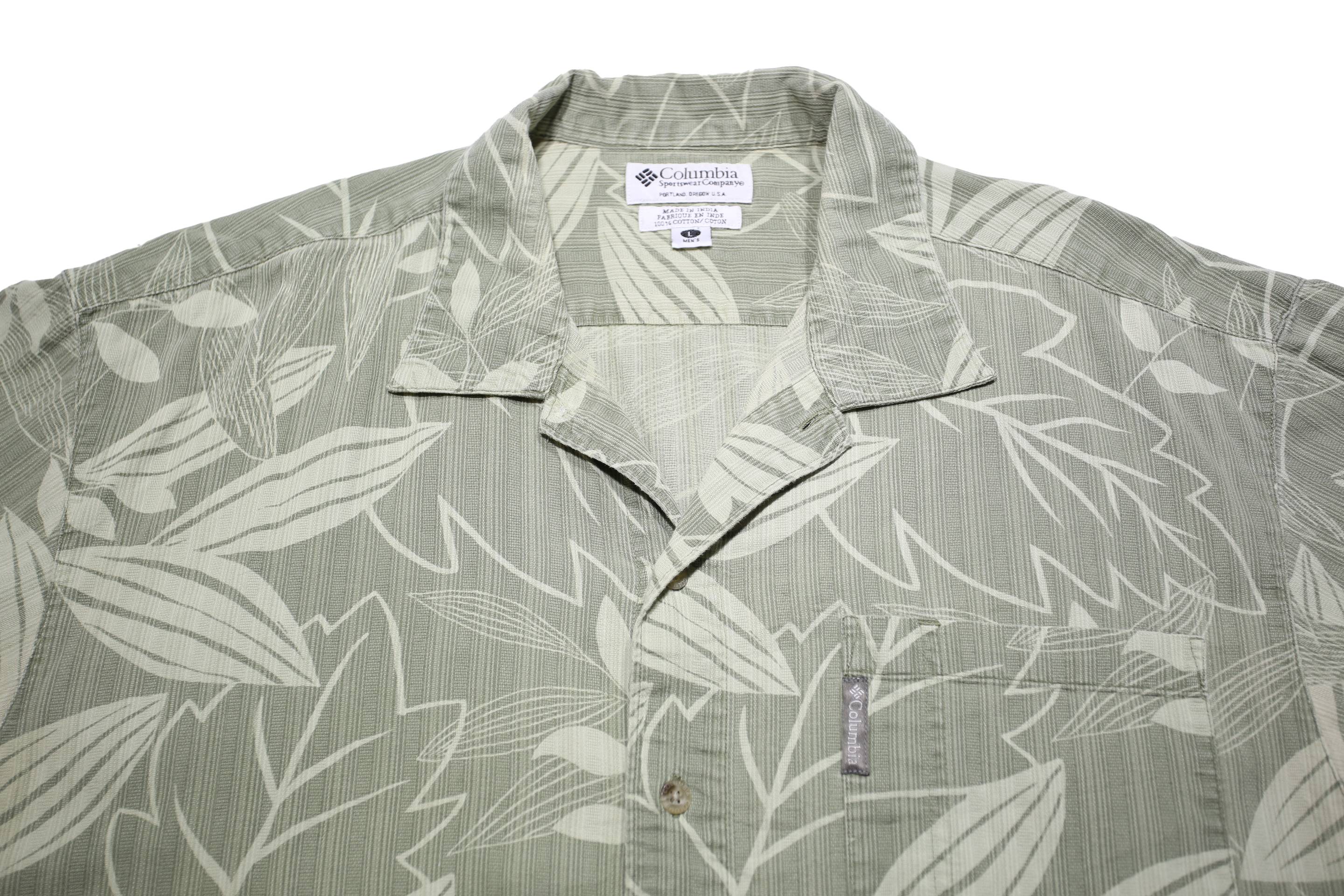 COLUMBIA Mens Green & Cream Cotton Casual Shirt L Leaf Pattern Summer Style