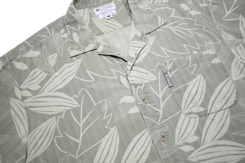 COLUMBIA Mens Green & Cream Cotton Casual Shirt L Leaf Pattern Summer Style