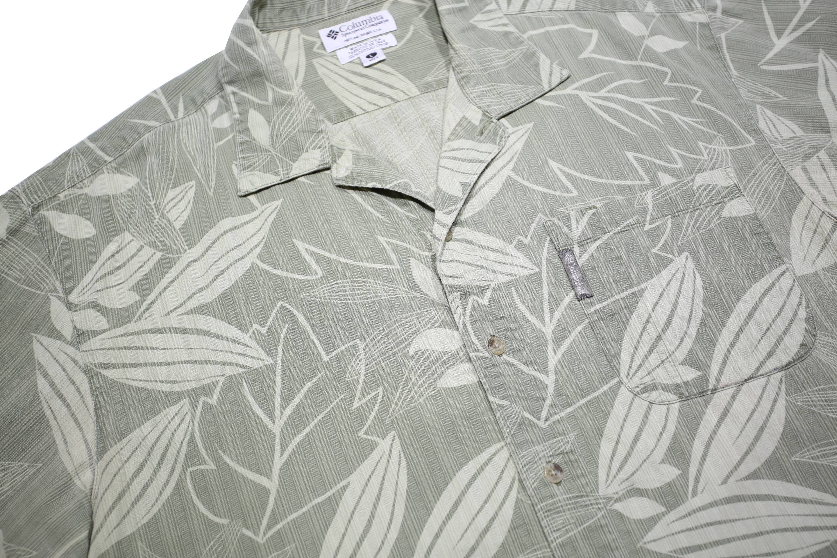COLUMBIA Mens Green & Cream Cotton Casual Shirt L Leaf Pattern Summer Style