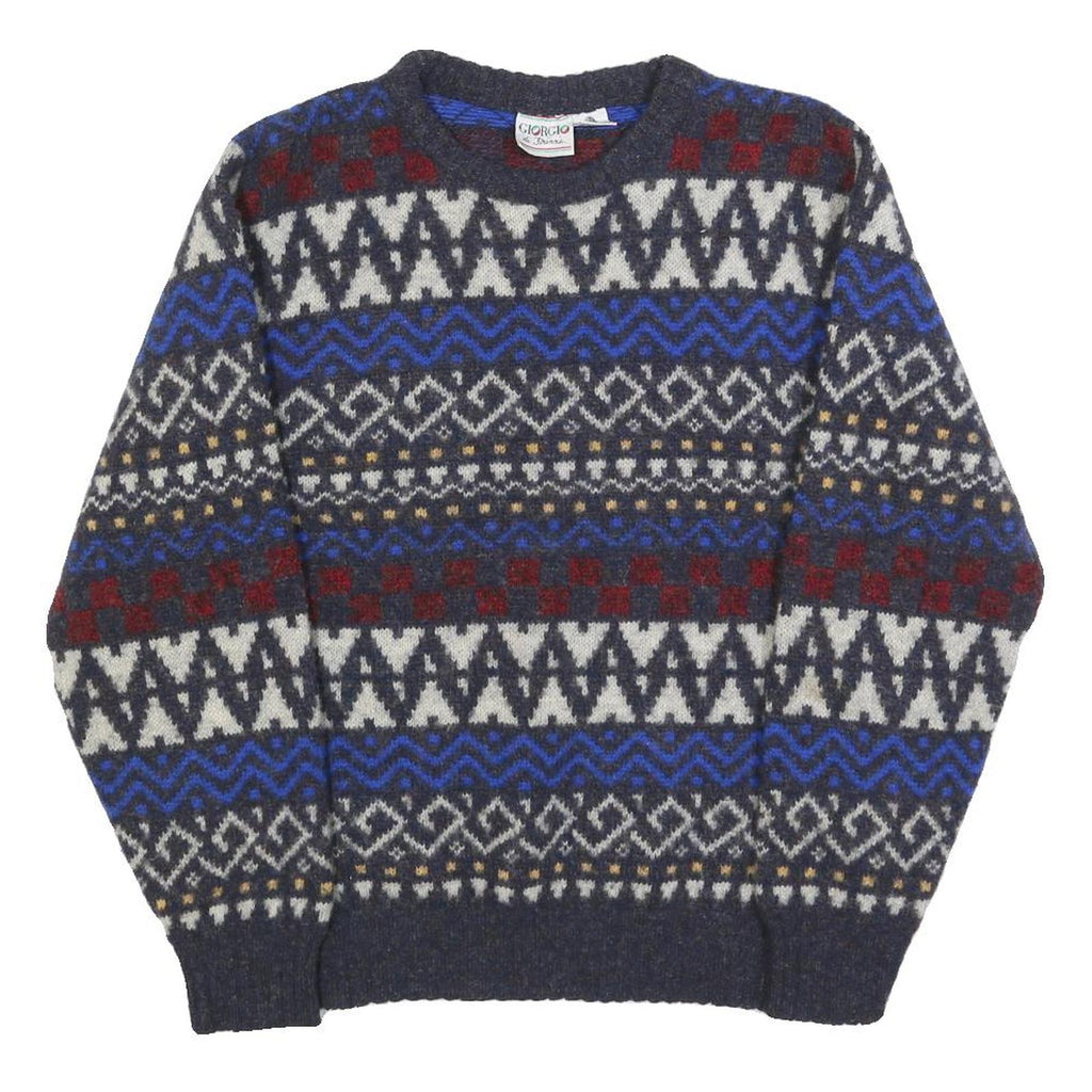 GIORGIO Womens Blue & Red Patterned Wool Jumper Crew Neck Cable Knit M Stylish